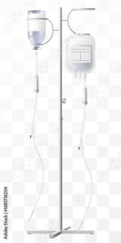 IV Stand with Drug Vial and Saline solution bag– Medical Infusion Pole with Hooks. Dropper Stand with Glass Medical Bottle. Laboratory equipment for blood transfusion. Realistic 3d Vector Illustration