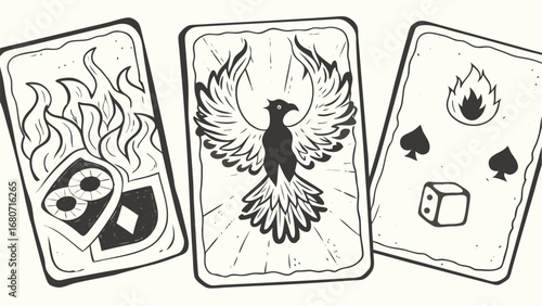 Three tarot cards featuring a phoenix a flame and dice with spades in a black and white illustration silhouette