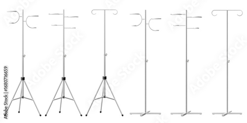 Set of Hospital IV Stands, Medical Infusion Pole with Hooks isolated on transparent background. IV Blood Bag Dropper Stand. Laboratory equipment for blood transfusion. Realistic 3d Vector Illustration
