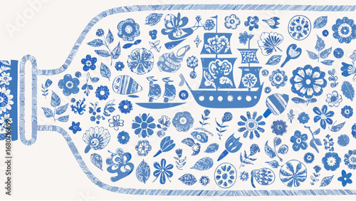 Illustration of a bottle filled with blue floral elements and a ship on a white background design silhouette
