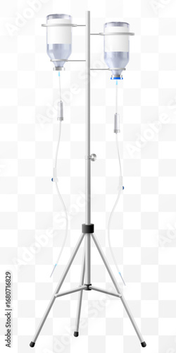 Hospital IV Stand with Drug Vials – Medical Infusion Pole with Hooks, isolated. Dropper Stand with Glass Medical Bottle. Laboratory equipment for blood transfusion. Realistic 3d Vector Illustration