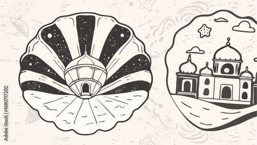 Illustration showing two buildings inside shell shaped containers with sea and sky details and clouds silhouette
