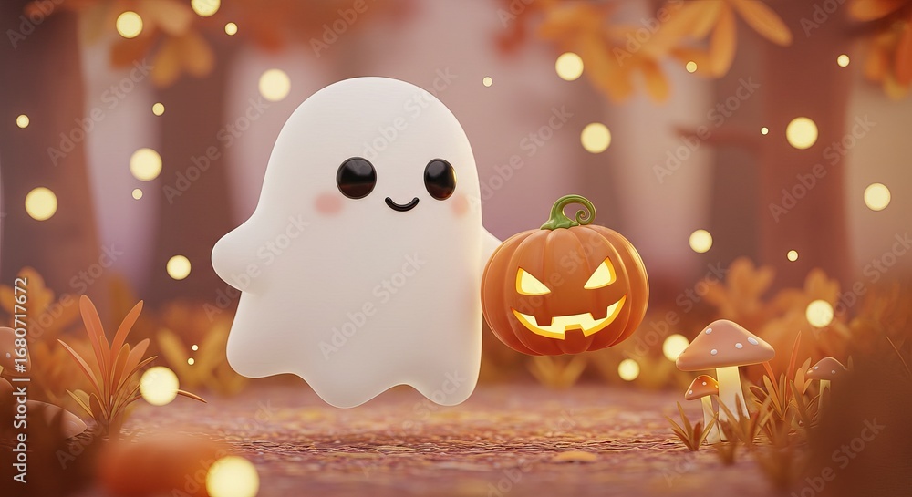 Fototapeta premium Cute 3D white ghost holding Jack O Lantern on autumn background