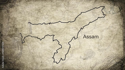 Assam map drawn on a cartography background sheet of paper