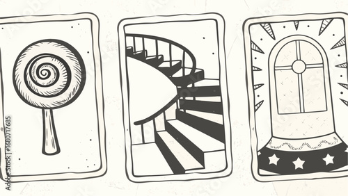 Three stylized cards depicting a lollipop, a spiral staircase, and a window with stars and rays silhouette