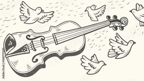 Illustration of a violin surrounded by flying doves against a background of curved lines design element silhouette