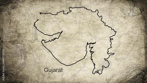 Gujarat map drawn on a cartography background sheet of paper