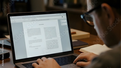 Person working on a laptop, reviewing a document in a well-lit office setting