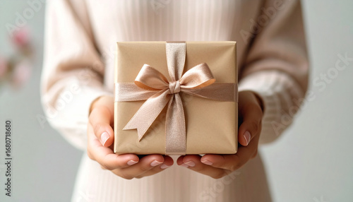 Hands holding wrapped birthday gift with ribbon bow, placed against minimalist background