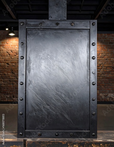 A dark, textured metal panel with riveted edges, mounted on a wall of exposed brick, featuring a rough, industrial aesthetic.