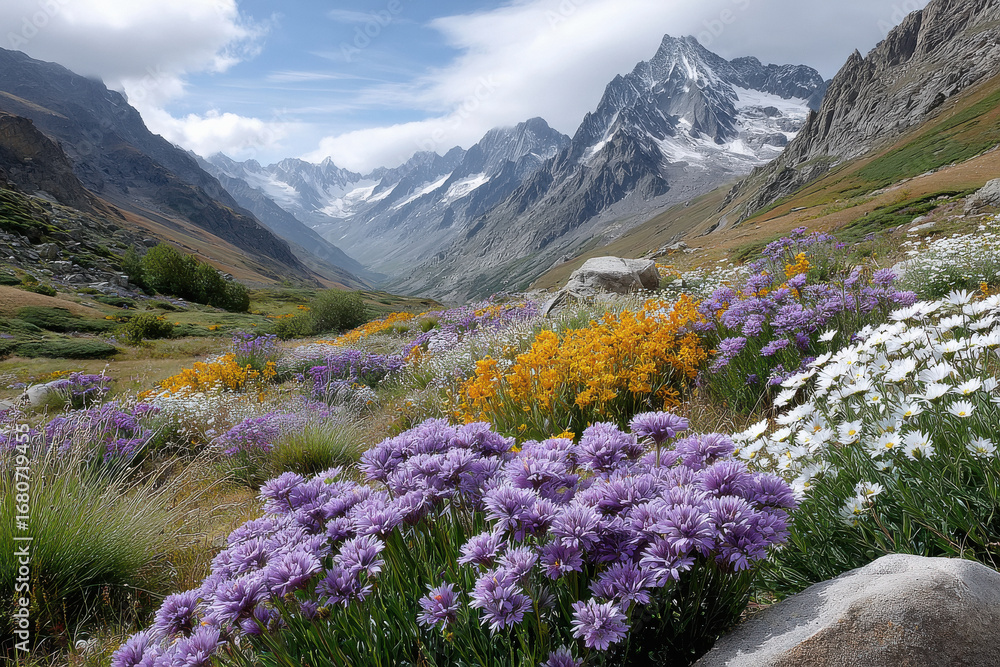 Fototapeta premium Himalayan meadow with blooming wildflowers.