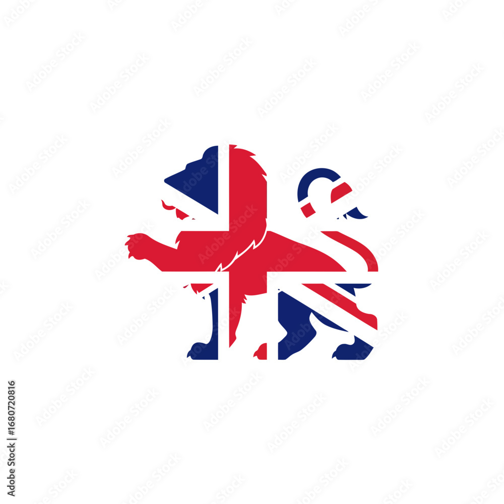 Fototapeta premium Modern minimalist emblem. Flat vector logo of a heraldic lion silhouette, featuring a bold Union Jack flag pattern in red and blue.