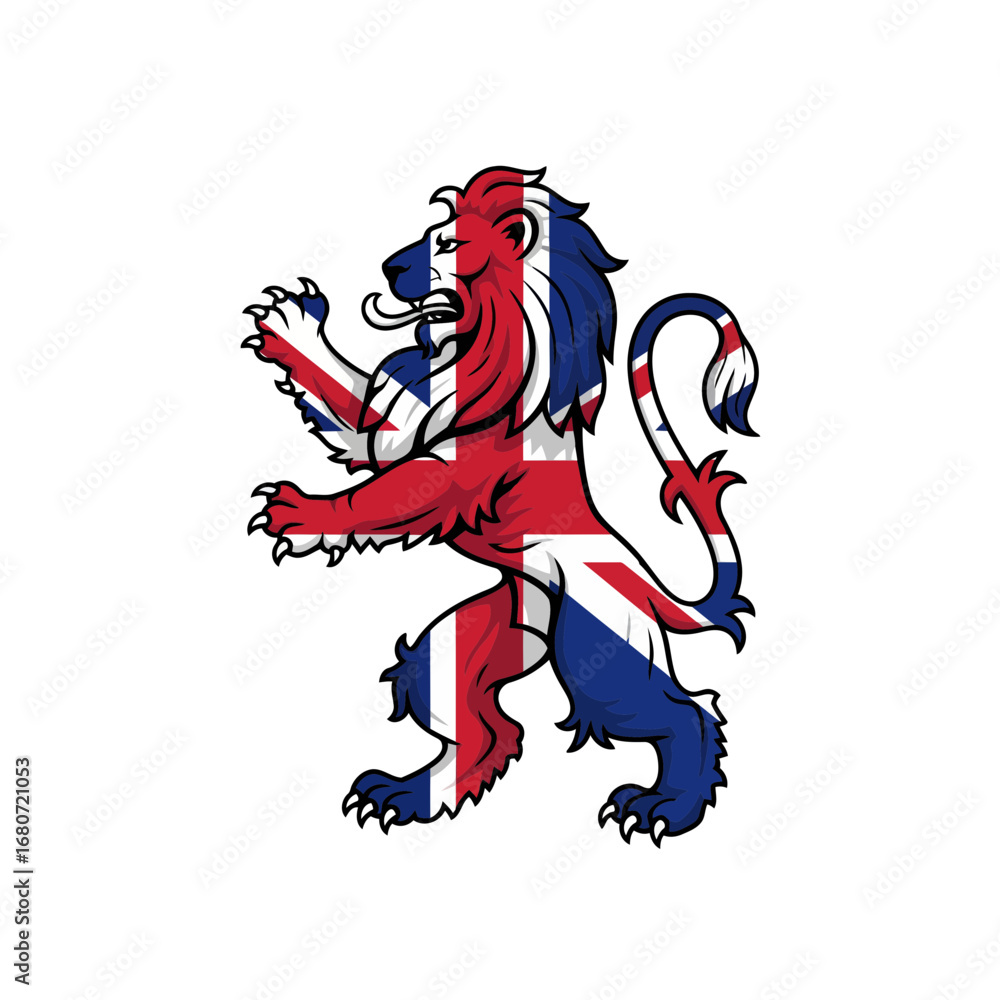 Fototapeta premium Traditional English emblem. Majestic heraldic lion with Union Jack flag integrated. Powerful and authentic 'Made in Britain' label icon for packaging and marketing.