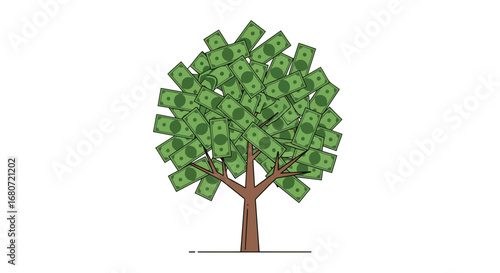 Vector art of money tree, dollars replacing leaves. Clean lines, isolated on white. Perfect for financial, economic, and savings themes.
