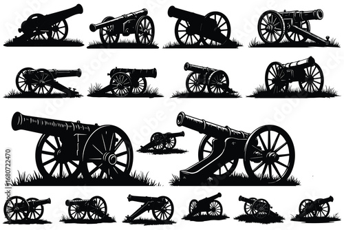 Collection of vintage cannons on grass silhouettes