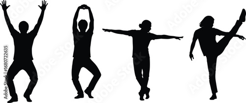 Silhouettes of people in dynamic poses, black and white vector art, expressive movement concept, dance illustration, isolated on white background**