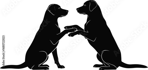 Dogs silhouette, two, sitting, facing each other, touching paws, black vector illustration, pet, isolated, white background, interaction, graphic design