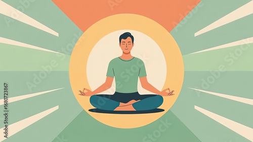 Wallpaper Mural Inner Peace: A person sits in a cross-legged posture, eyes gently closed, radiating a sense of calm and tranquility. Bathed in warm light, he symbolizes balance and serenity. Torontodigital.ca