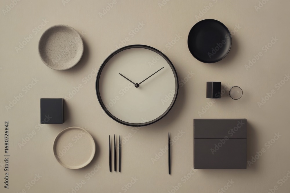 Fototapeta premium Modern clock arrangement on neutral wall minimalist design interior decor aesthetic appeal top-down view