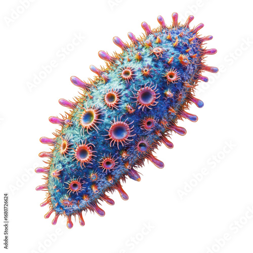 Microscopic view of a virus cell with detailed surface structures and vibrant colors against a showcasing viral morphology and biology on transparent background