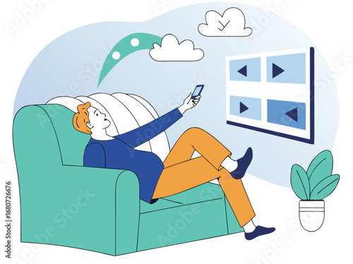 Man relaxing on couch watching TV with remote control sofa