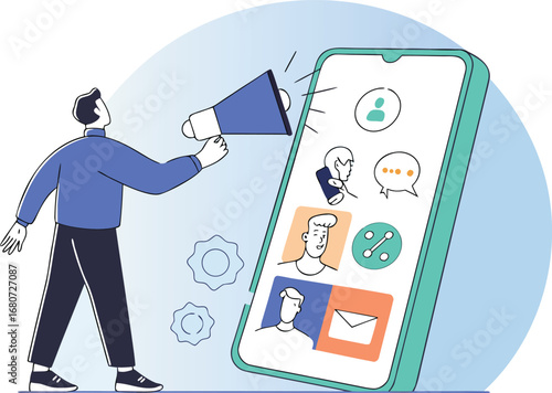 Man with megaphone promoting app content on smartphone promotion marketing