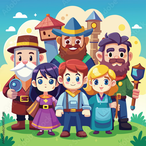 Fantasy Cartoon Characters Vector Illustration A whimsical group of adventurers