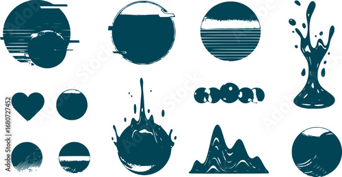 Retrofuturism shapes, circle glitch and liquid elements. Holographic illuminated in 80s-90s. Futuristic design vaporwave, synthwave. Trandy shapes for merch and T-shirt. Vector set glitch elements