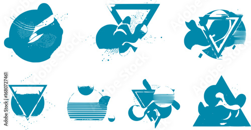 Retrofuturism shapes, circle glitch and liquid elements. Holographic illuminated in 80s-90s. Futuristic design vaporwave, synthwave. Trandy shapes for merch and T-shirt. Vector set glitch elements