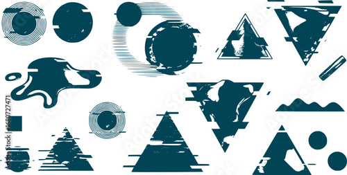 Retrofuturism shapes, circle glitch and liquid elements. Holographic illuminated in 80s-90s. Futuristic design vaporwave, synthwave. Trandy shapes for merch and T-shirt. Vector set glitch elements