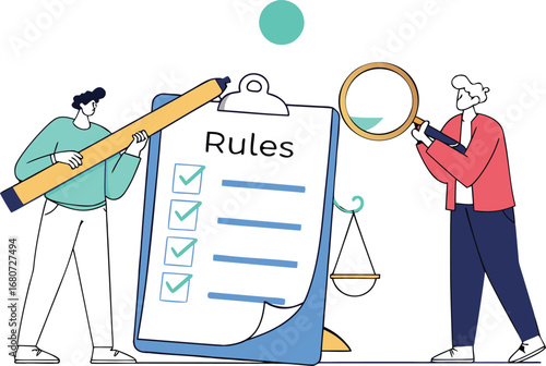 People reviewing rules and checking off tasks on clipboard regulations checklist