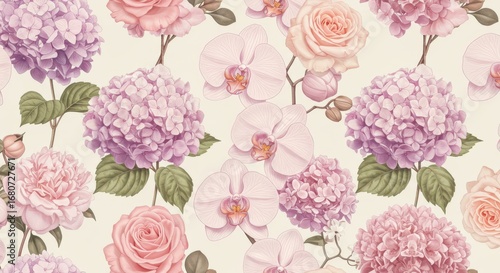 Floral Seamless Pattern: Roses Hydrangeas Orchids Watercolor Style.