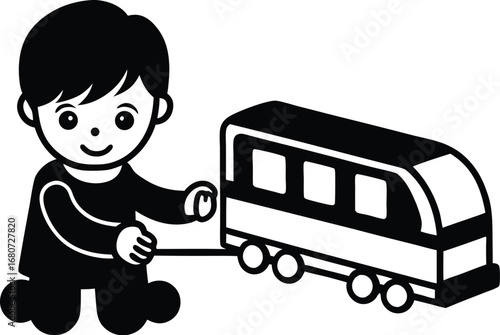 Cartoon boy playing with a toy train