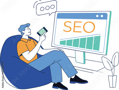 Person Relaxing with Phone and Computer Showing SEO Growth Chart search engine optimization