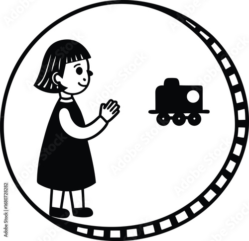 Delighted Girl Plays with Toy Train