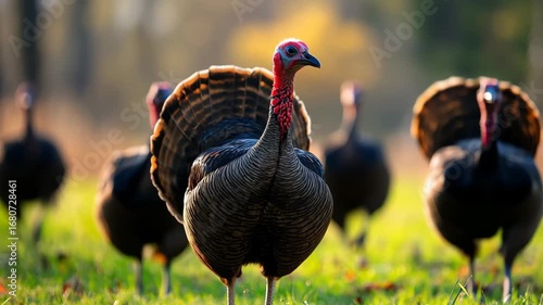 A group of stunning turkeys strides across a lush green field as the golden sun sets behind them. Their colorful plumage glistens against the backdrop of autumn colors.
