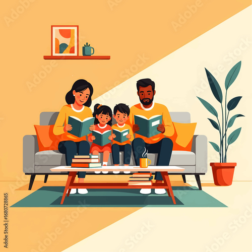 Family bonding time with books, a concept of education and togetherness at home, illustrated in a warm and cozy living room setting