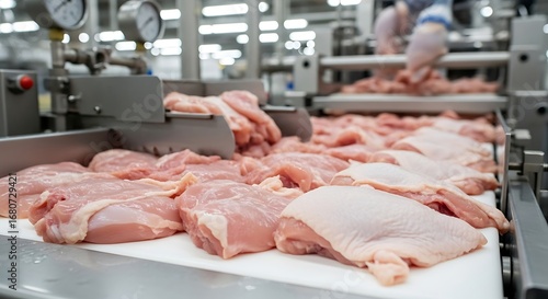Food manufacturing of chicken meat with cutting slicing and trimming