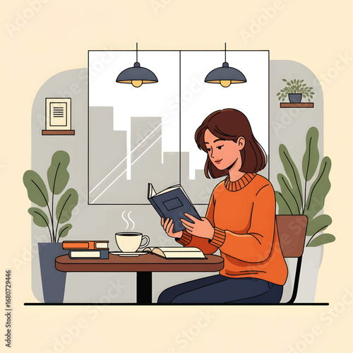Peaceful moment of a young woman absorbed in a book, enjoying her quiet hobby with a warm drink in a comfortable atmosphere