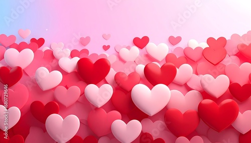 Wallpaper Mural Romantic Valentine's Day: A cascade of 3D hearts in shades of red, pink, and white against a soft gradient background. Torontodigital.ca