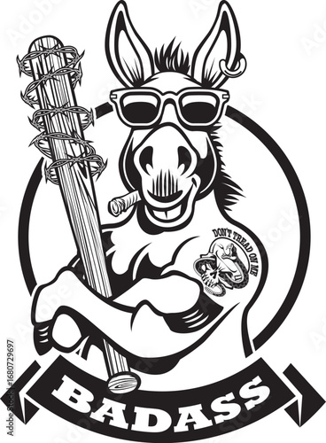 cartoon style donkey wearing sunglasses gun and holding baseball bat