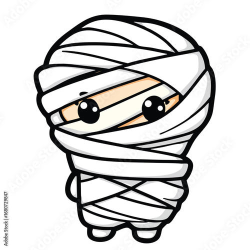 Wrapped up in simple white bandages  a cute mummy is shown with only its curious eyes peeking out. Cartoon style with thick black outlines and flat  solid colors. Isolated on a in a white background.