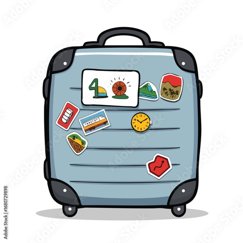 Packed and ready to go  a simple suitcase with travel stickers on it represents the end of a vacation. Cartoon style with thick black outlines and flat  solid colors. Isolated on a white background.