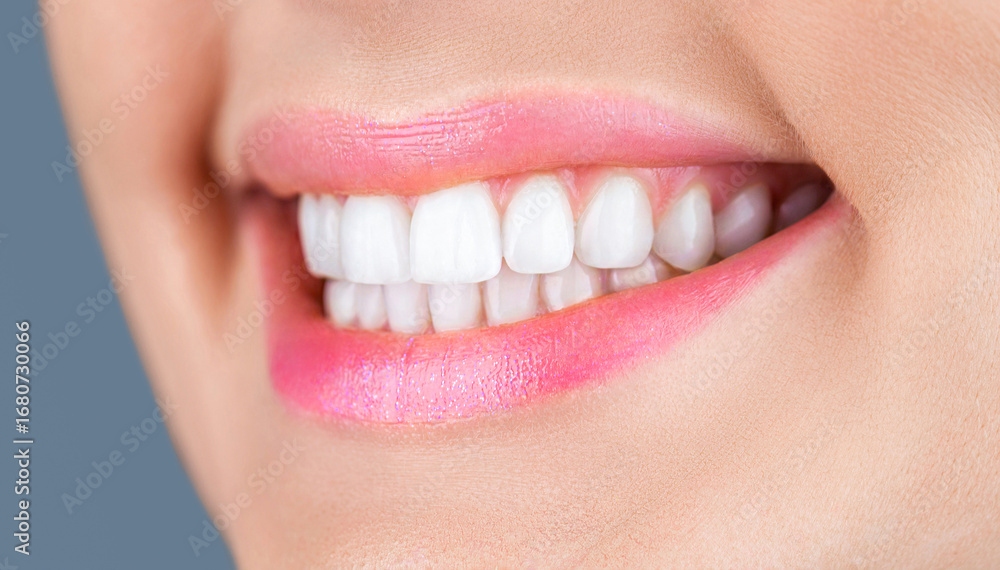 Fototapeta premium Beautiful young woman teeth. Teeth whitening. Dental health concept. Teeth whitening procedure. Dental care. Dentistry concept. Perfect healthy teeth. Closeup shot of woman's toothy smile