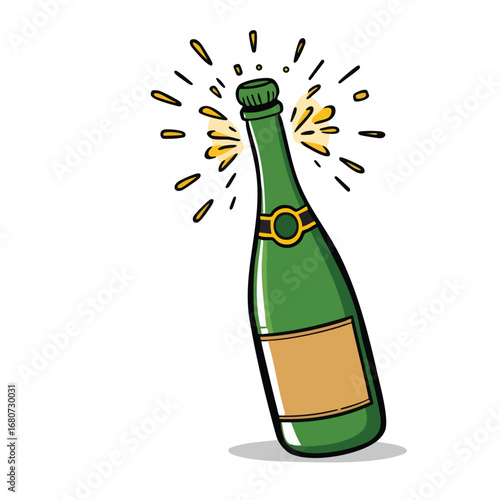 A bottle of champagne is shown with its cork popping off in a festive  celebratory explosion. Cartoon style with thick black outlines and flat  solid colors. Isolated on a white background.