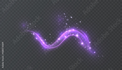 Glowing magic wand trail with sparkling purple light and bright particles on transparent background.