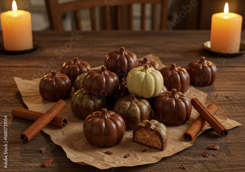Delicious Chocolate Pumpkin Treats on a Rustic Table with Candles and Cinnamon Sticks