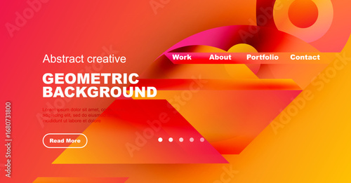 Bright abstract geometric background. Website header design features vibrant colors, shapes, text, navigation options. Modern style.