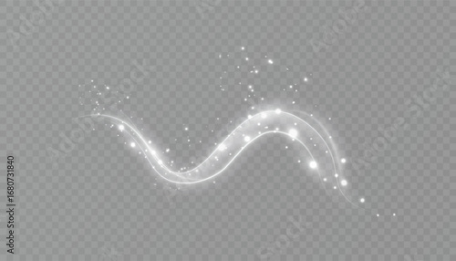 Winter snow swirl with glowing white curved trail on transparent background.