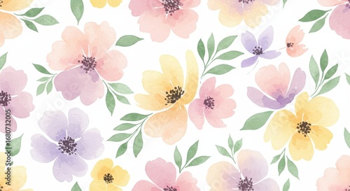 Watercolor Floral Pattern: Pastel Flowers and Green Leaves on White.